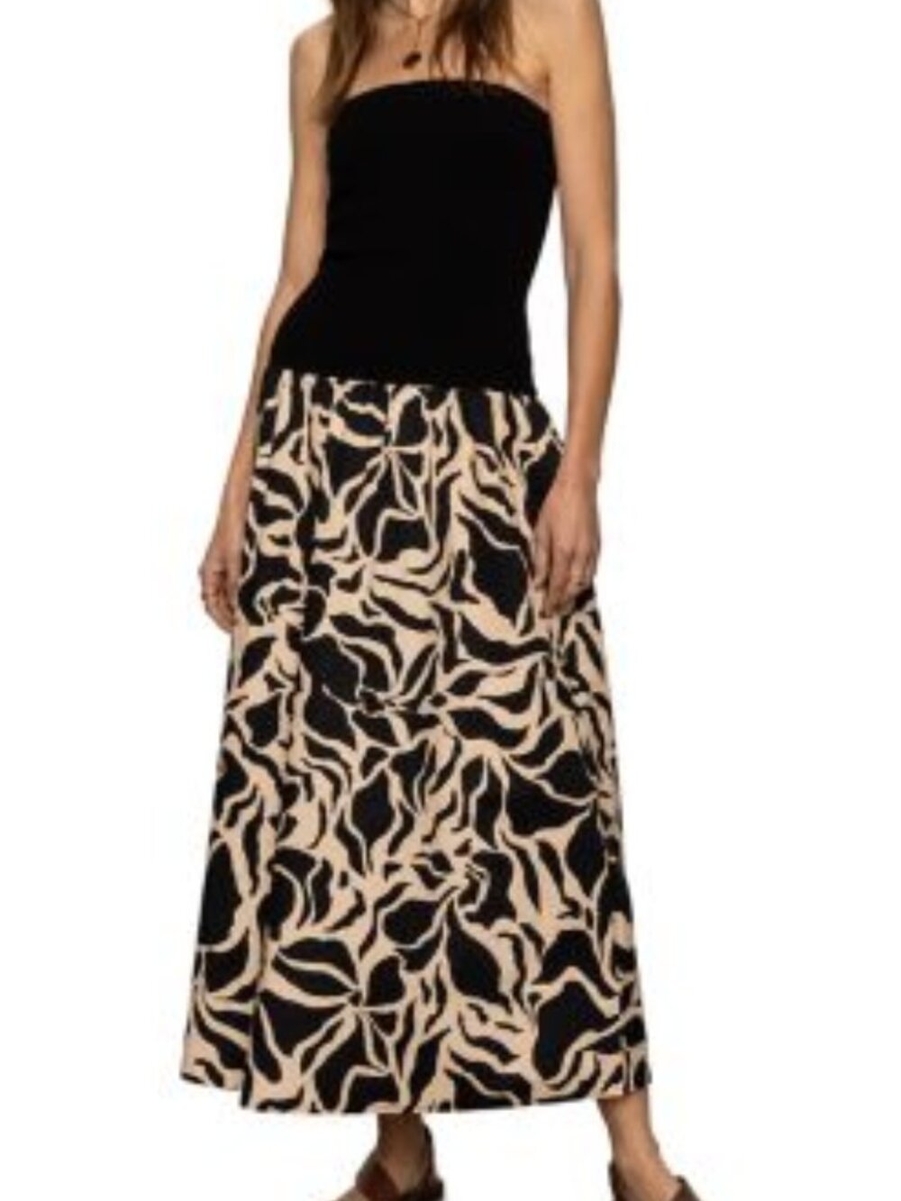 Sanctuary Meet-me-at-the-Sea Black and Beige Floral Strapless Dress Small